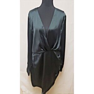 ZARA Midi Dress Dark Emerald Green Satin Ruched Long Sleeve Cocktail Sz XL NWOT